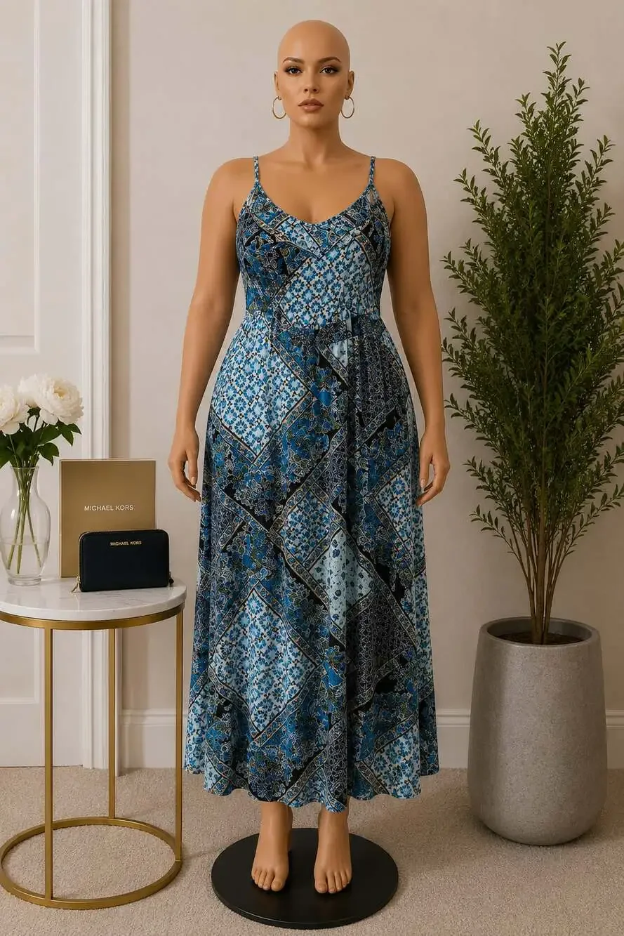 Faded Glory Blue Boho Maxi Dress - S (Fits S–L / Up to Size 10)